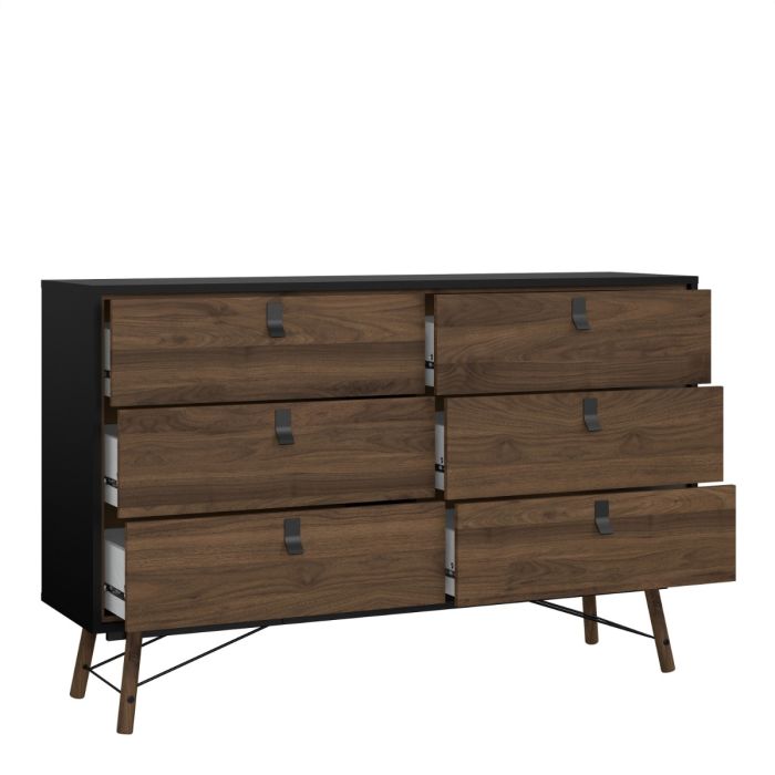 Ry Wide double chest of drawers 6 drawers in Matt Black Walnut - UK