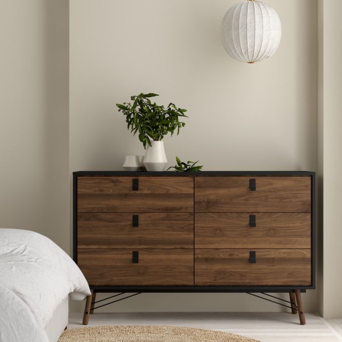 Ry Wide double chest of drawers 6 drawers in Matt Black Walnut - UK