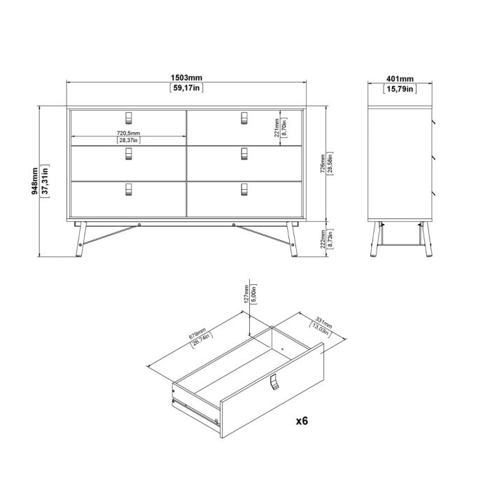 Ry Wide double chest of drawers 6 drawers in Matt White - UK