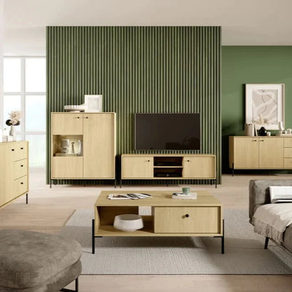 Scandi Wooden Coffee Table 101cm in Scandi Oak With Black Metal Legs - Furniture One Shop