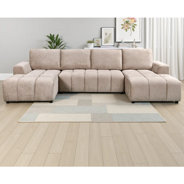 Shanghai Luxury U-Shape Corner Sofa Bed In Beige Plush Fabric