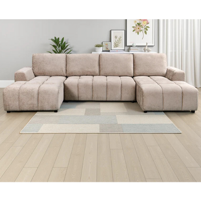 Shanghai Luxury U-Shape Corner Sofa Bed In Beige Plush Fabric