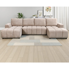 Shanghai Luxury U-Shape Corner Sofa Bed In Beige Plush Fabric