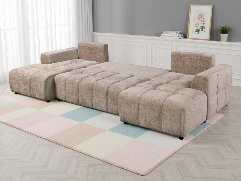 Shanghai Luxury U-Shape Corner Sofa Bed In Beige Plush Fabric - Furniture One Shop