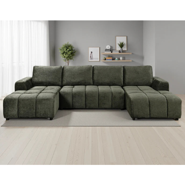 Shanghai Luxury U-Shape Corner Sofa Bed In Green Plush Fabric