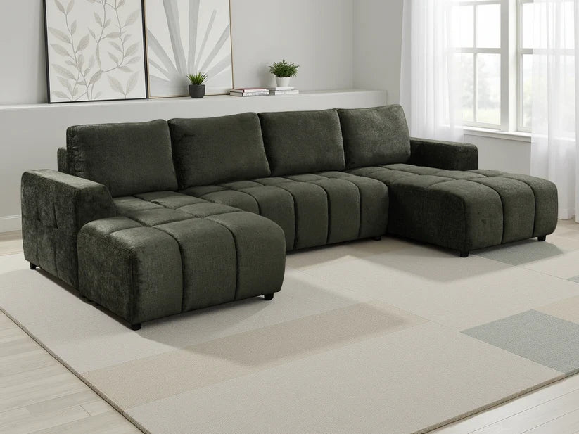 Shanghai Luxury U-Shape Corner Sofa Bed In Green Plush Fabric - Furniture One Shop