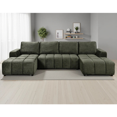 Shanghai Luxury U-Shape Corner Sofa Bed In Green Plush Fabric