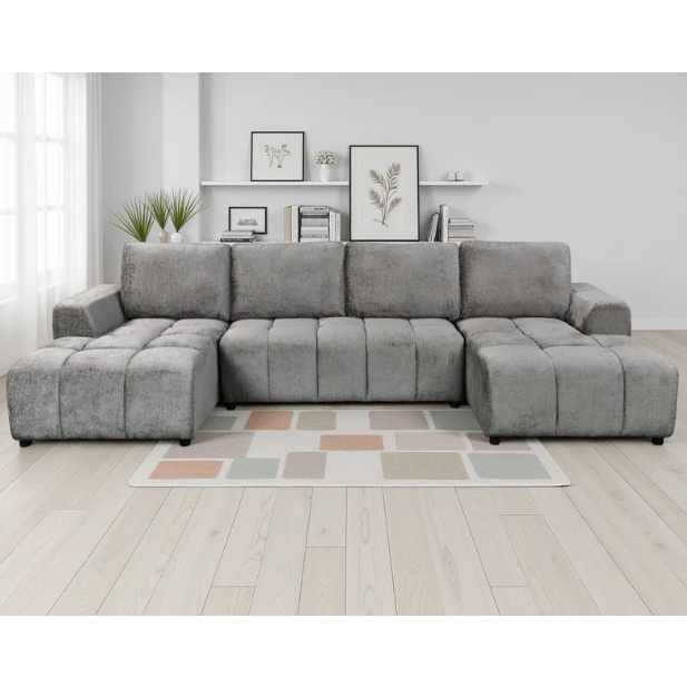 Shanghai Luxury U-Shape Corner Sofa Bed In Grey Plush Fabric