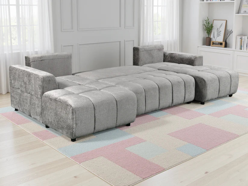 Shanghai Luxury U-Shape Corner Sofa Bed In Grey Plush Fabric - Furniture One Shop