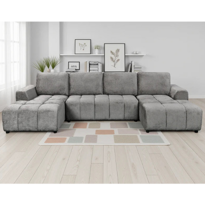 Shanghai Luxury U-Shape Corner Sofa Bed In Grey Plush Fabric