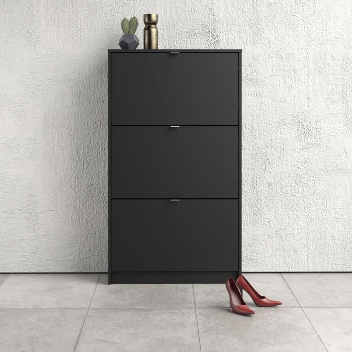 Shoes Shoe cabinet w. 3 tilting doors and 2 layers in Matt Black - UK