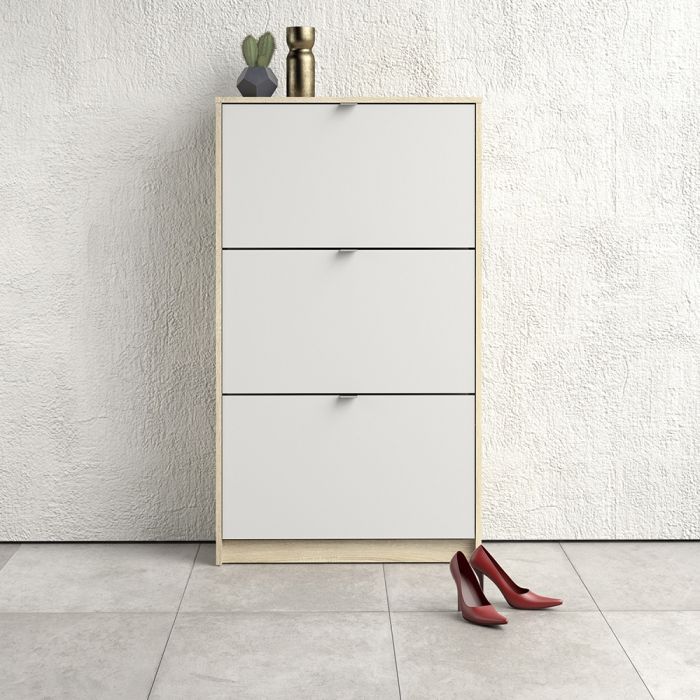 Shoes Shoe cabinet w. 3 tilting doors and 2 layers Oak structure White - UK