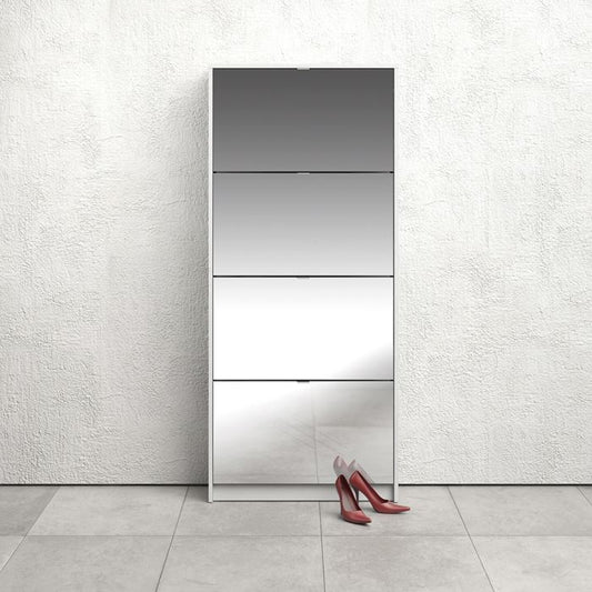 Shoes Shoe cabinet w. 4 mirror tilting doors and 2 layers in White - UK