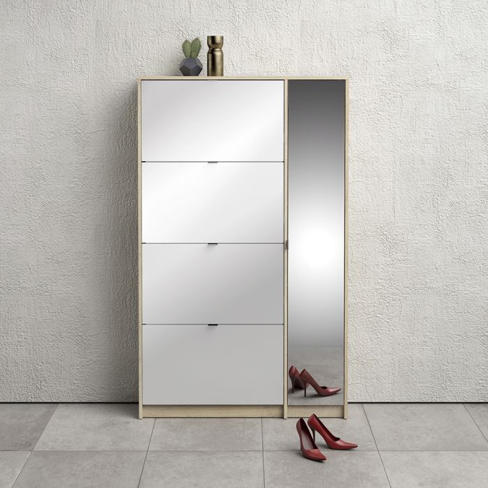 Shoes Shoe cabinet w. 4 tilting doors and 2 layers + 1 mirror door Oak structure - UK