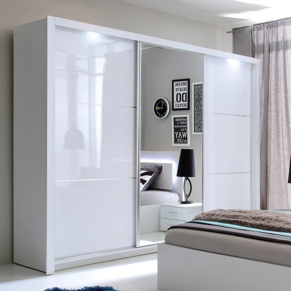 Siena 12 Mrrored High Gloss Wardrobe With 3 Sliding Doors In White With LED