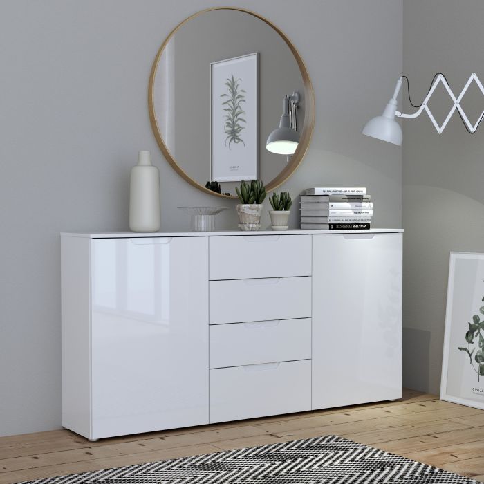 Sienna Wide Chest of 4 Drawers and 2 Doors in White High Gloss - UK