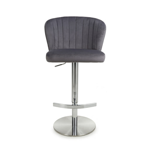 Sigma Brushed Velvet Grey Bar Stools With Chrome Base In Pair
