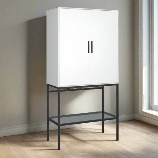 Slimline 2 Door Tall Cabinet in Pure White with Steel Black Legs