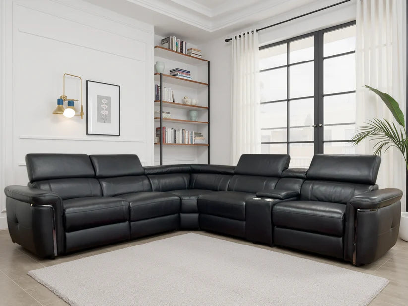 Somerville Electric Recliner Large Corner Sofa In Black Leather - Furniture One Shop