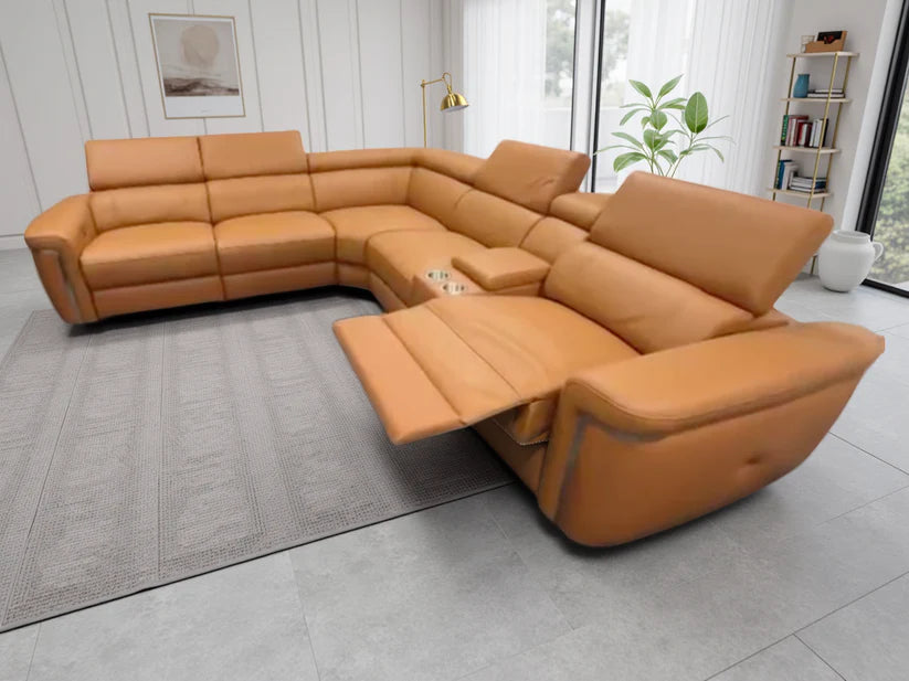 Somerville Electric Recliner Large Corner Sofa In Tan Leather - Furniture One Shop