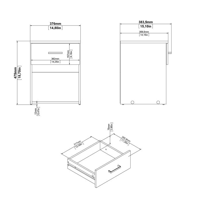 Space Wooden Bedside Table with 1 Drawer in White