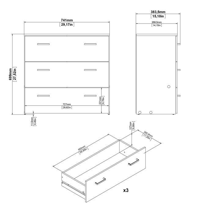 Space Chest of 3 Drawers in White - UK