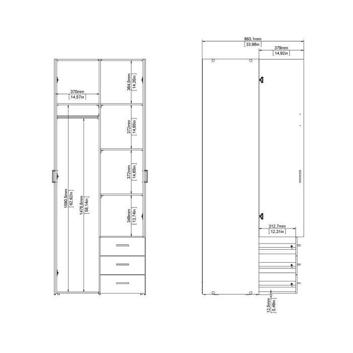 Space Wooden Wardrobe 2 Doors 3 Drawers in White