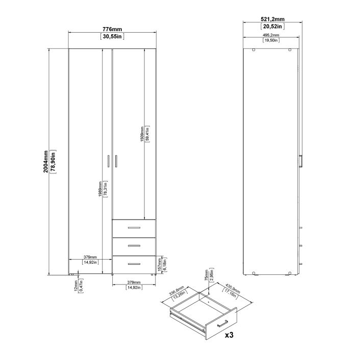 Space Wooden Wardrobe 2 Doors 3 Drawers in White