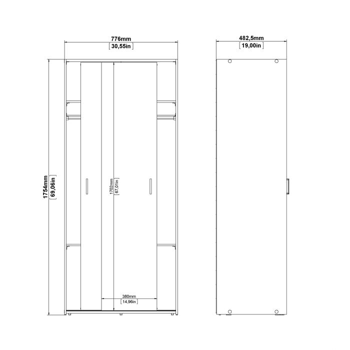 Space Wooden Wardrobe 2 Sliding Doors in White