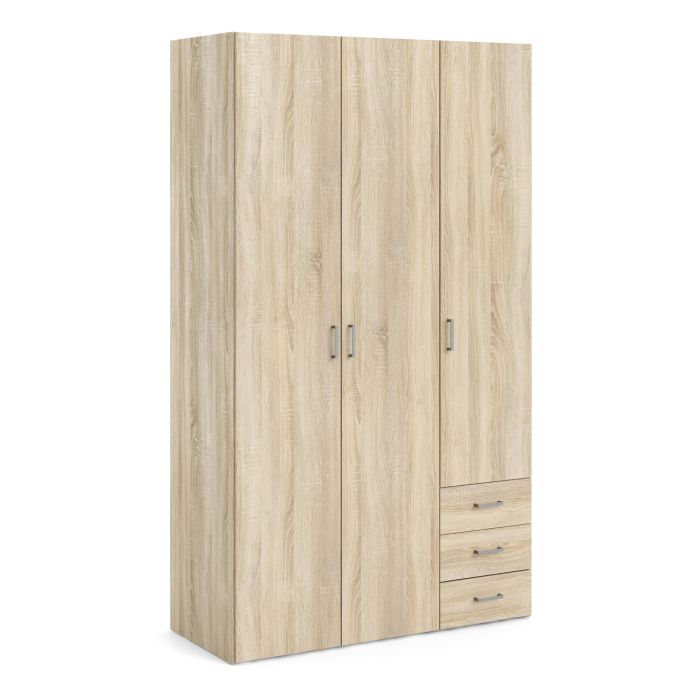 Space Wooden Wardrobe 3 Doors 3 Drawers in Oak