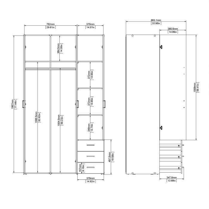 Space Wooden Wardrobe 3 Doors 3 Drawers in Oak