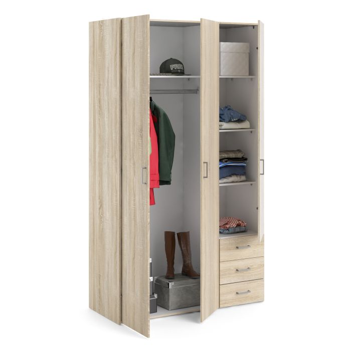 Space Wooden Wardrobe 3 Doors 3 Drawers in Oak