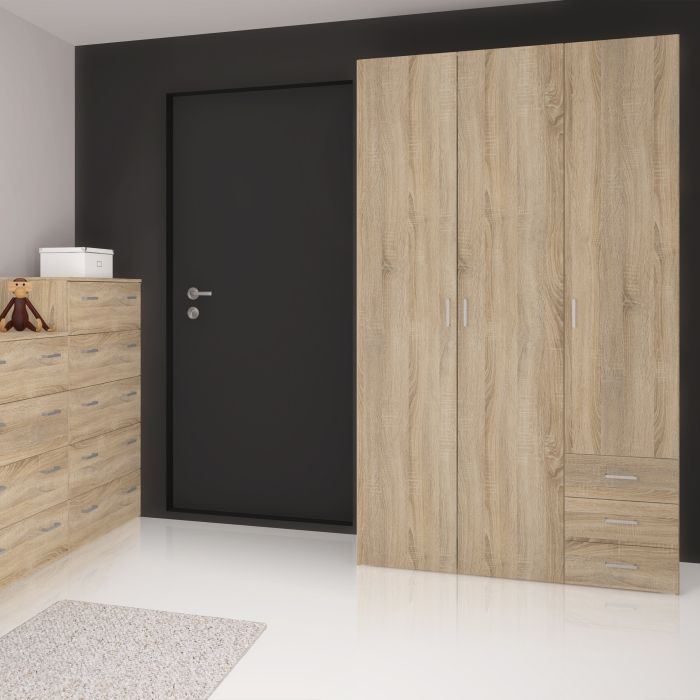 Space Wooden Wardrobe 3 Doors 3 Drawers in Oak