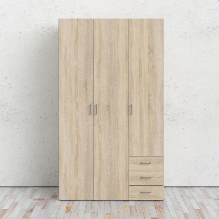 Space Wooden Wardrobe 3 Doors 3 Drawers in Oak