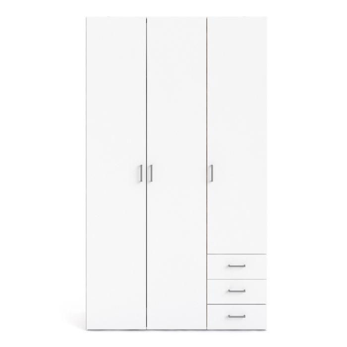 Space Wooden Wardrobe 3 Doors 3 Drawers in White