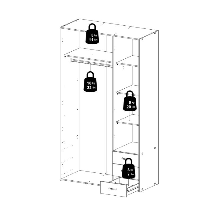 Space Wooden Wardrobe 3 Doors 3 Drawers in White