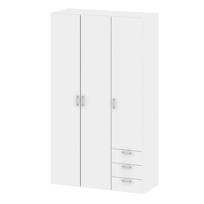 Space Wooden Wardrobe 3 Doors 3 Drawers in White