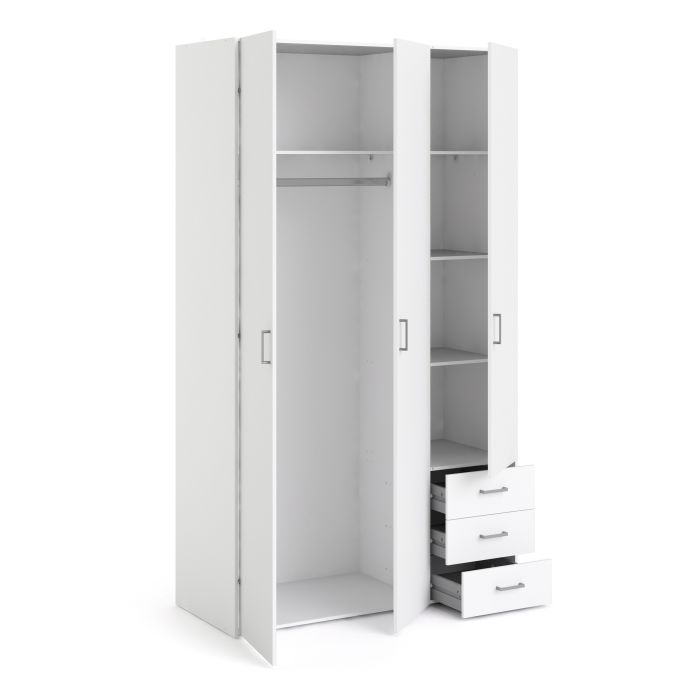 Space Wooden Wardrobe 3 Doors 3 Drawers in White