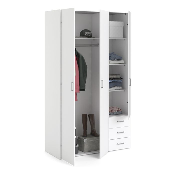 Space Wooden Wardrobe 3 Doors 3 Drawers in White