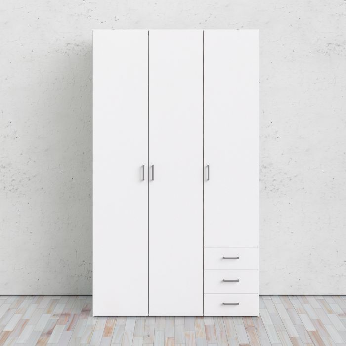 Space Wooden Wardrobe 3 Doors 3 Drawers in White