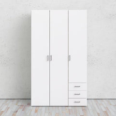 Space Wooden Wardrobe 3 Doors 3 Drawers in White