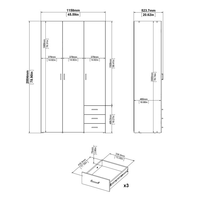 Space Wooden Wardrobe 3 Doors 3 Drawers in White