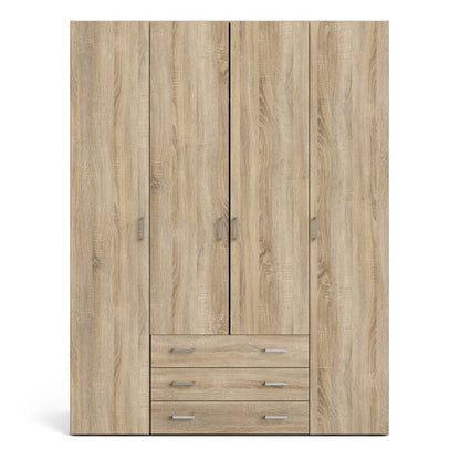 Space Wooden Wardrobe 4 Doors 3 Drawers in Oak