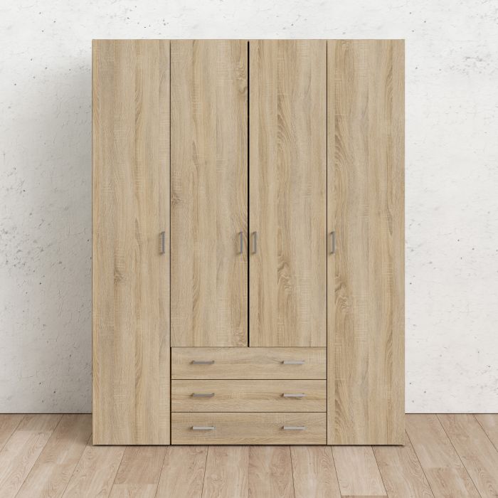 Space Wooden Wardrobe 4 Doors 3 Drawers in Oak