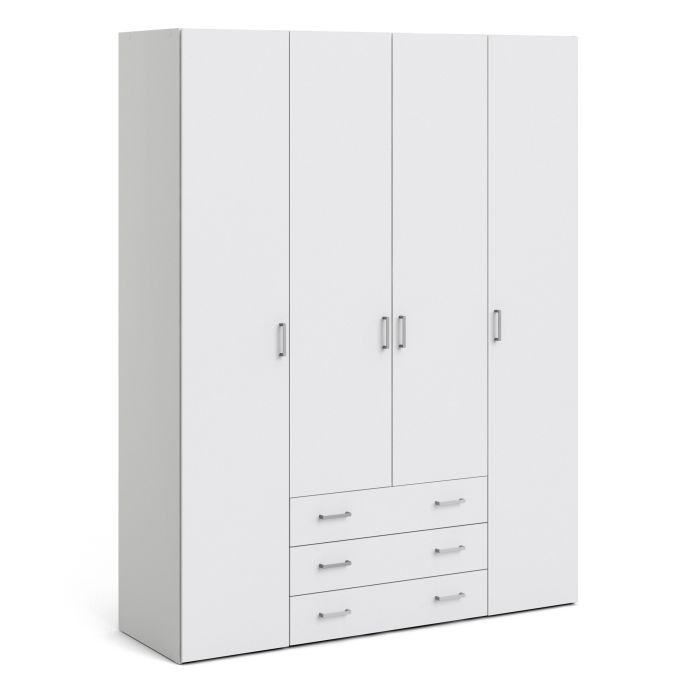 Space Wooden Wardrobe 4 Doors 3 Drawers in White