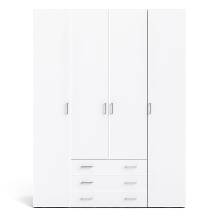 Space Wooden Wardrobe 4 Doors 3 Drawers in White