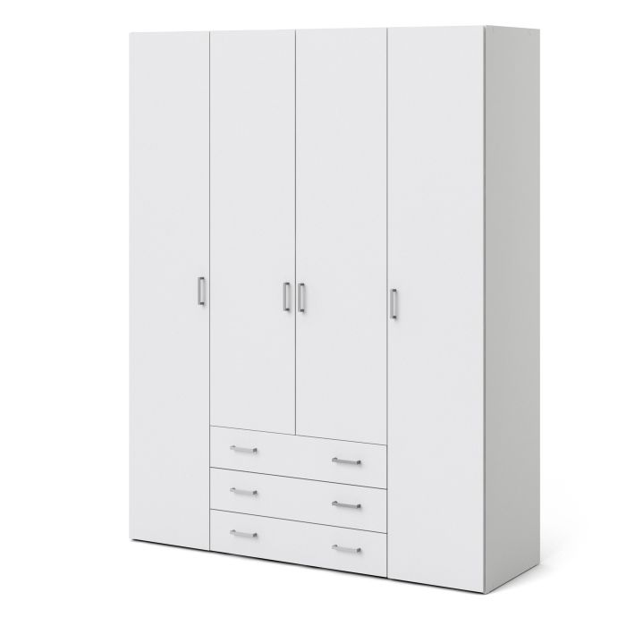 Space Wooden Wardrobe 4 Doors 3 Drawers in White