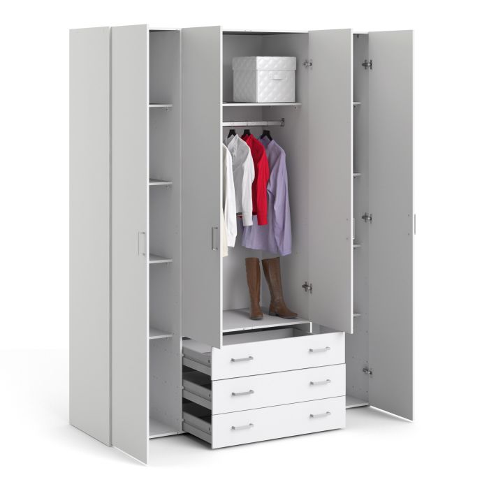 Space Wooden Wardrobe 4 Doors 3 Drawers in White