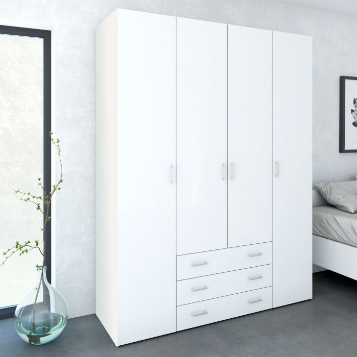 Space Wooden Wardrobe 4 Doors 3 Drawers in White