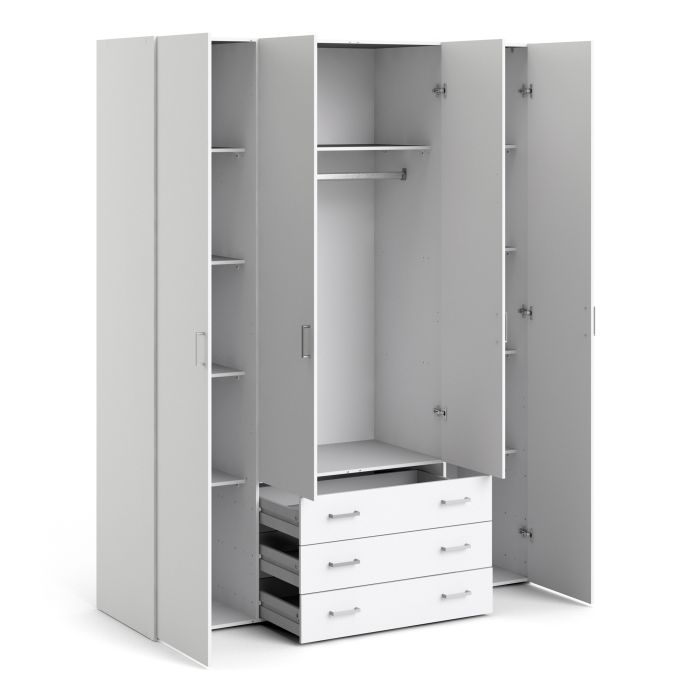 Space Wooden Wardrobe 4 Doors 3 Drawers in White